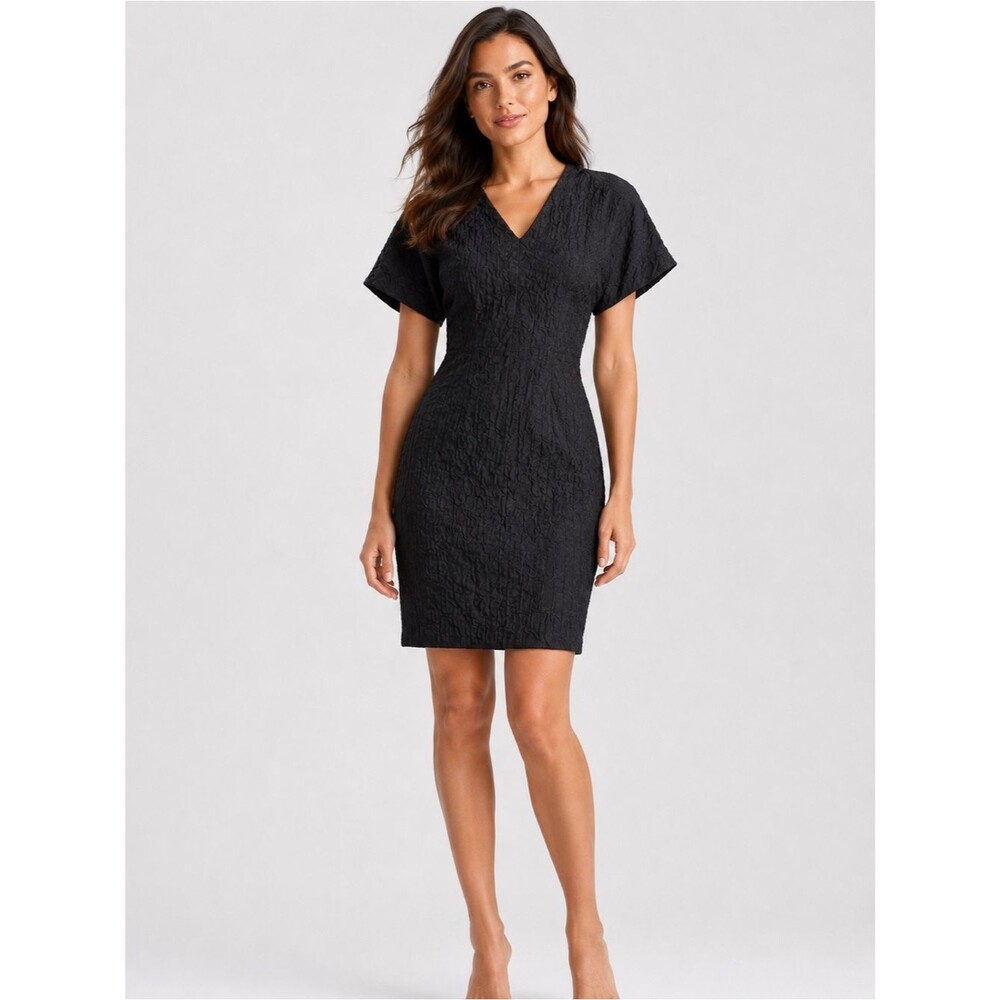 Natori Crinkle Jacquard Fitted Midi Dress Dolman Sleeve V Neck Black 14 NEW